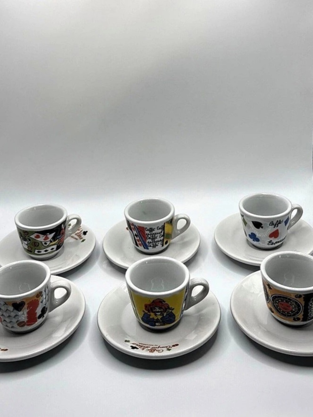 VTG Saturnia Italy Espresso Cups Saucers Set 6 Tempo Libero Pop Art Ceramic 90s